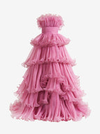 Vanessa | Vestido de fiesta rosa sin tirantes, corte A, de tul arrugado y capas