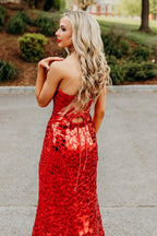 Veilance | Vestidos de fiesta largos de sirena con lentejuelas y abertura, sin tirantes, en rojo