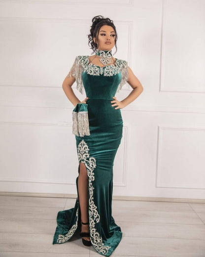 Velvet Dark Green Long Split Mermaid Prom Dresses
