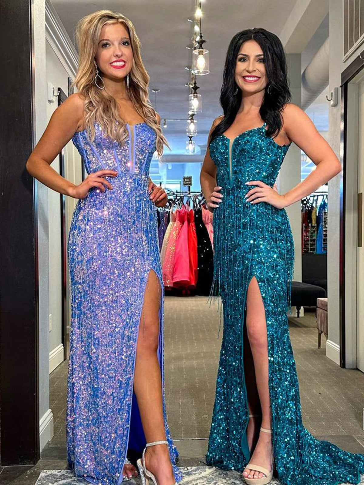 Velvetia | Vestidos de fiesta largos con lentejuelas, escote en V y abertura