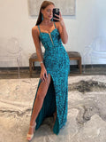 Velvetia | Vestidos de fiesta largos con lentejuelas, escote en V y abertura