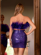 Verona | Vestido de cóctel morado de dos piezas con corpiño de plumas