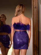 Verona | Vestido de cóctel morado de dos piezas con corpiño de plumas