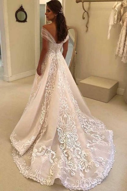 Vintage A-Line Off-the-shoulder Sweep Trian Wedding Dress With Lace