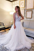 Vestido de novia vintage de tul con escote en V y espalda abierta