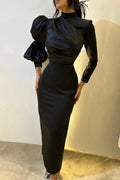 Vestido de fiesta vintage de satén con cuello alto, manga larga y volantes, color negro