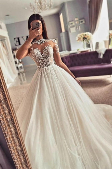 Vintage Jewel Long Sleeves Lace A-Line Tulle Wedding Dresses