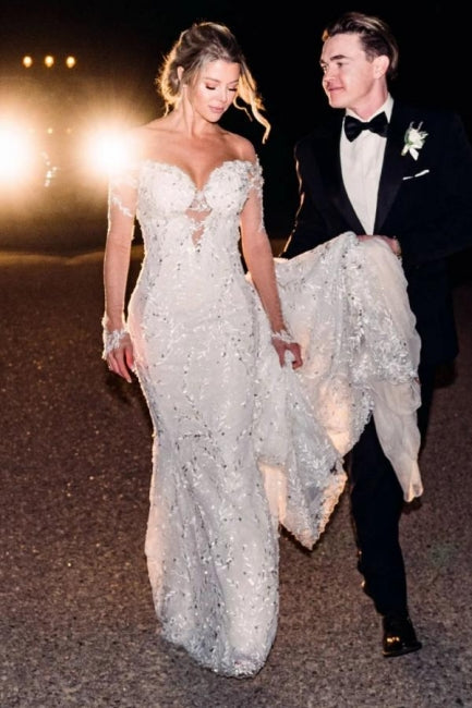 Vestidos de novia vintage de sirena con encaje y mangas largas