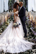 Vestido de novia vintage largo de tul con encaje y hombros descubiertos