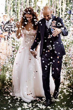 Vestido de novia vintage largo de tul con encaje y hombros descubiertos