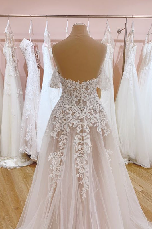 Vintage Langes A-Linien-Brautkleid mit schulterfreiem Ausschnitt und rückenfreiem Tüll