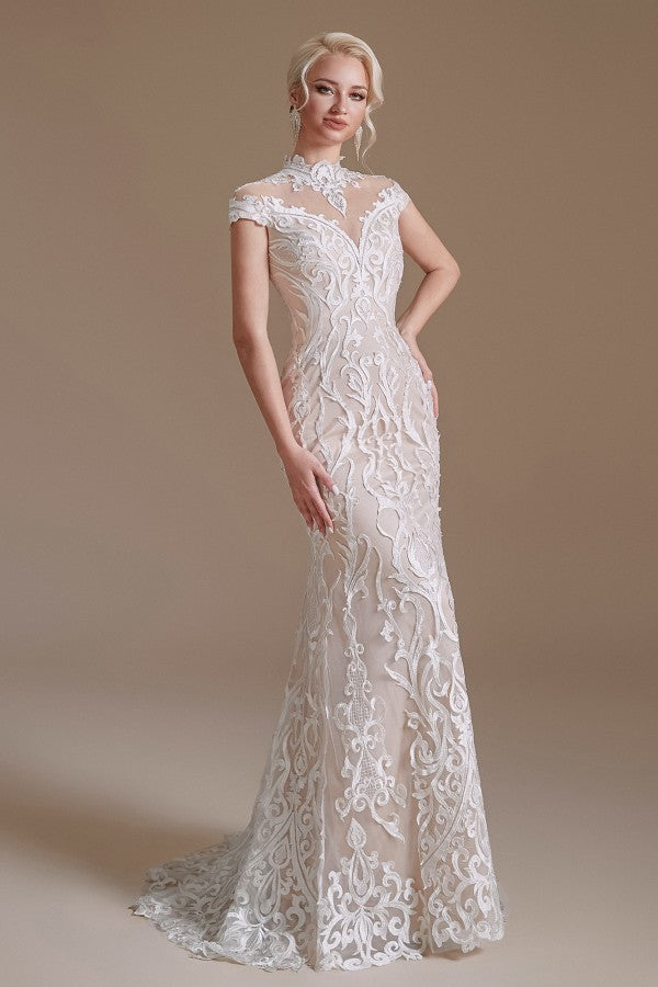 Langes Meerjungfrau-Brautkleid im Vintage-Stil mit hohem Halsausschnitt und Ärmeln