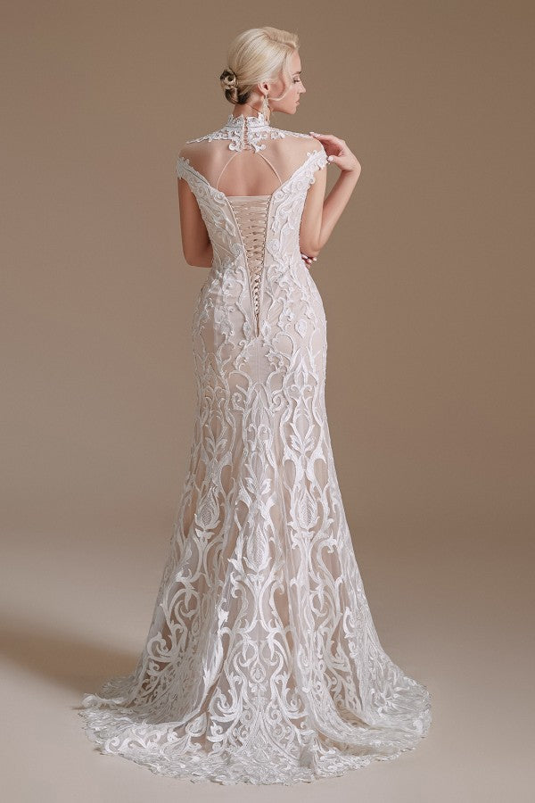 Langes Meerjungfrau-Brautkleid im Vintage-Stil mit hohem Halsausschnitt und Ärmeln