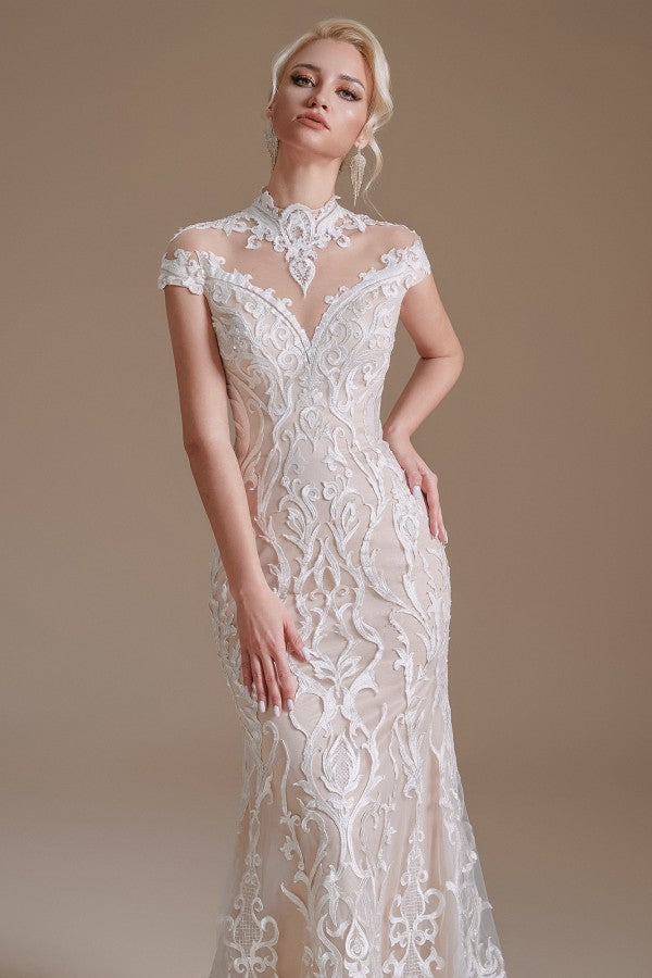 Langes Meerjungfrau-Brautkleid im Vintage-Stil mit hohem Halsausschnitt und Ärmeln