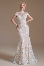 Langes Meerjungfrau-Brautkleid im Vintage-Stil mit hohem Halsausschnitt und Ärmeln