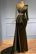 Langes Meerjungfrau-Ballkleid im Vintage-Stil mit V-Ausschnitt und Perlenbesatz aus Satin