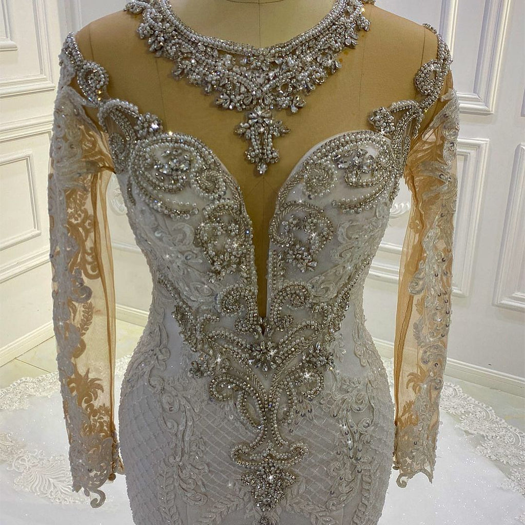 Vintage Langarm Applikationen Spitze Perlen Pailletten Meerjungfrau Brautkleid