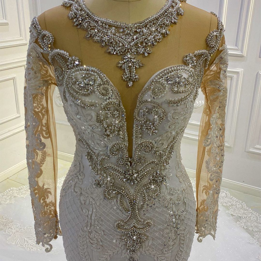 Vintage Langarm Applikationen Spitze Perlen Pailletten Meerjungfrau Brautkleid