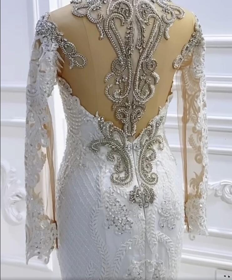 Vintage Langarm Applikationen Spitze Perlen Pailletten Meerjungfrau Brautkleid