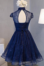 Vestido de fiesta vintage azul marino con mangas cortas PD281