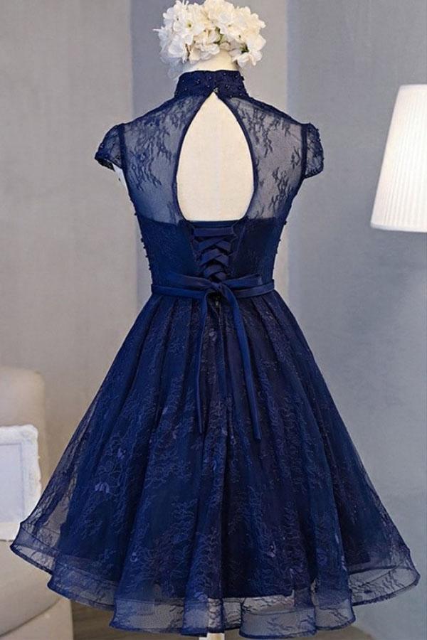 Vestido de fiesta vintage azul marino con mangas cortas PD281