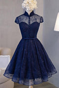 Vestido de fiesta vintage azul marino con mangas cortas PD281