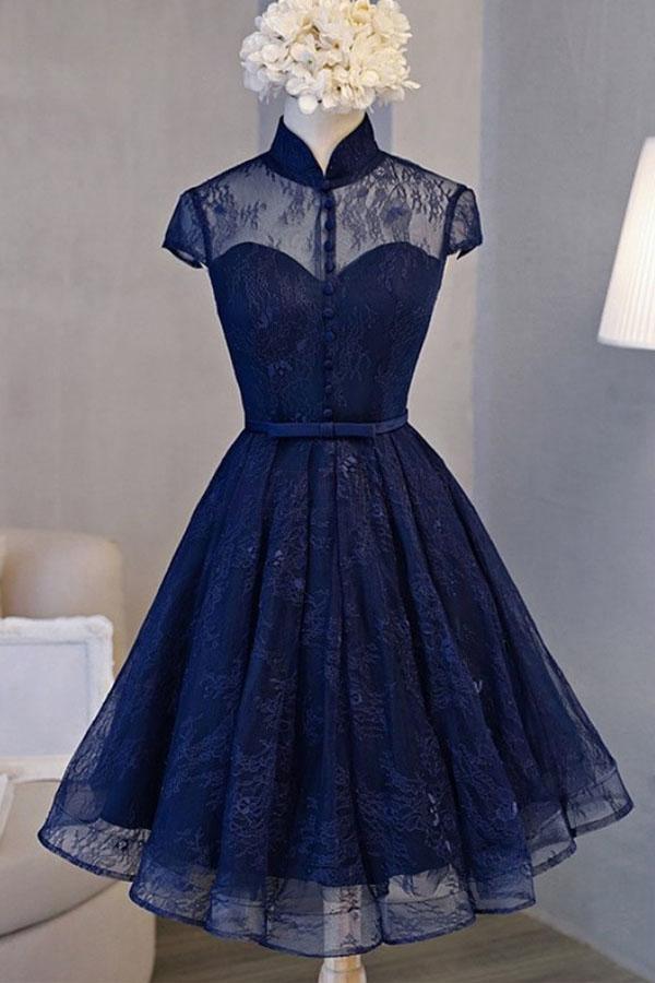 Vestido de fiesta vintage azul marino con mangas cortas PD281