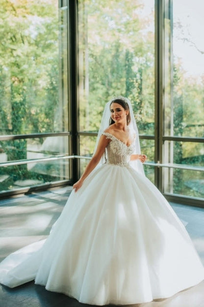 Vintage Princess Off-the-shoulder V-neck Sleeveless Lace Wedding Dresses