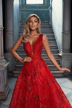 Vintage Rotes ärmelloses A-Linien-Ballkleid aus Tüll mit V-Ausschnitt und Applikation