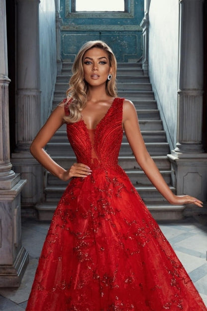 Vintage Red V-Neck Sleeveless A-Line Tulle Prom Dresses with Applique