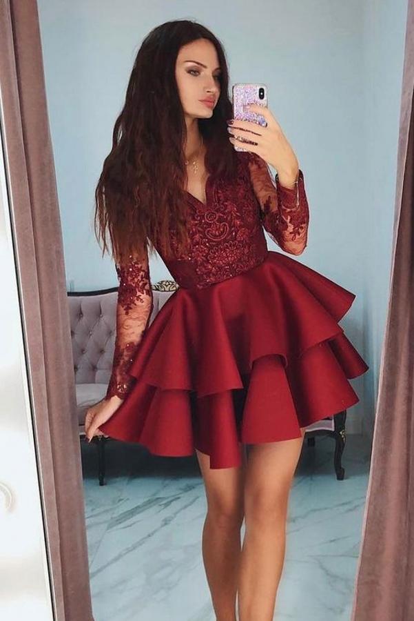 Vintage Short A-line V-neck Lace Satin Prom Dress With Sleeves