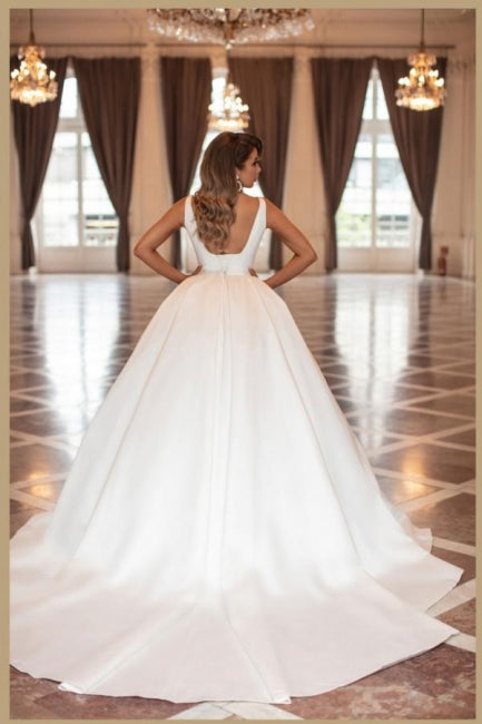 Vintage Simple Princess White Satin A-line Sleeveless Wedding Dresses