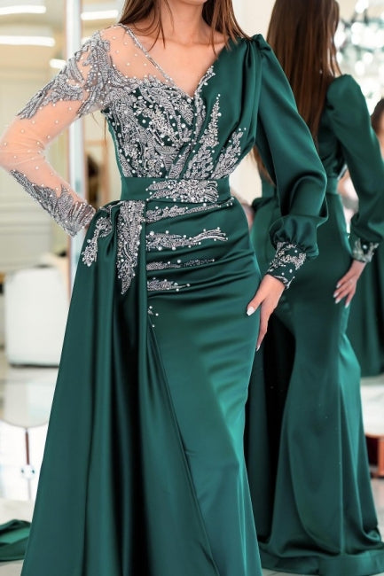 Vintage-Ballkleid im Meerjungfrau-Stil mit V-Ausschnitt und langen Ärmeln und Rüschen