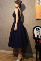 Vintage V-Ausschnitt Marineblau Satin Homecoming Kleider Partykleider PG183