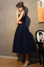 Vintage V-Ausschnitt Marineblau Satin Homecoming Kleider Partykleider PG183