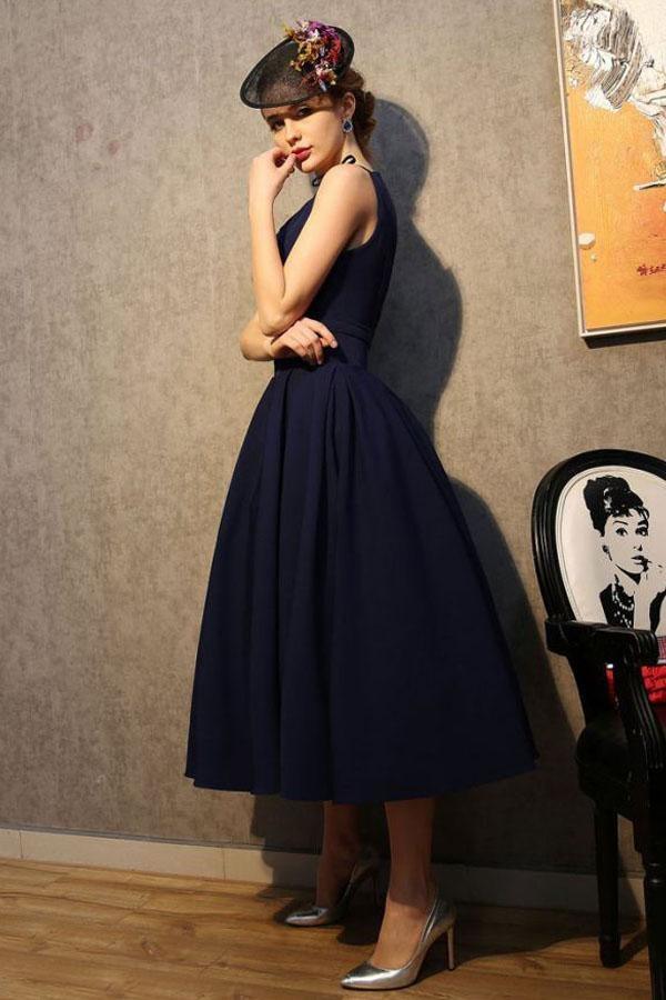 Vintage V-Ausschnitt Marineblau Satin Homecoming Kleider Partykleider PG183