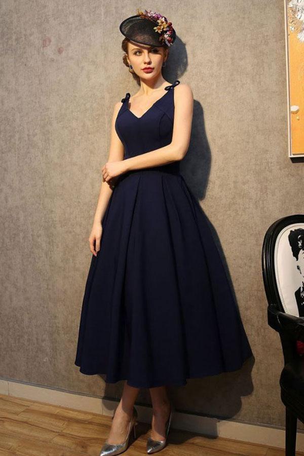 Vintage V-Ausschnitt Marineblau Satin Homecoming Kleider Partykleider PG183
