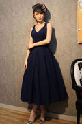 Vintage V-Ausschnitt Marineblau Satin Homecoming Kleider Partykleider PG183