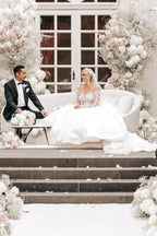 Vestido de novia vintage blanco de manga larga de satén con encaje