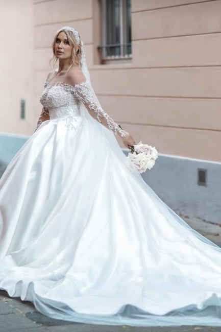 Vestido de novia vintage blanco de manga larga de satén con encaje