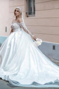 Vestido de novia vintage blanco de manga larga de satén con encaje