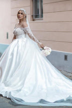 Vestido de novia vintage blanco de manga larga de satén con encaje