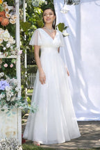 Vintage white V-Neck Short-Sleeves A-Line Floor-Length Tulle Prom Dresses