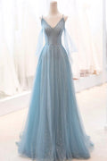 Kathryn | Staubblaues, glitzerndes, langes Ballkleid aus Tüll, A-Linien-Abendkleid mit Spaghettiträgern