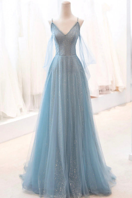 Kathryn | Staubblaues, glitzerndes, langes Ballkleid aus Tüll, A-Linien-Abendkleid mit Spaghettiträgern