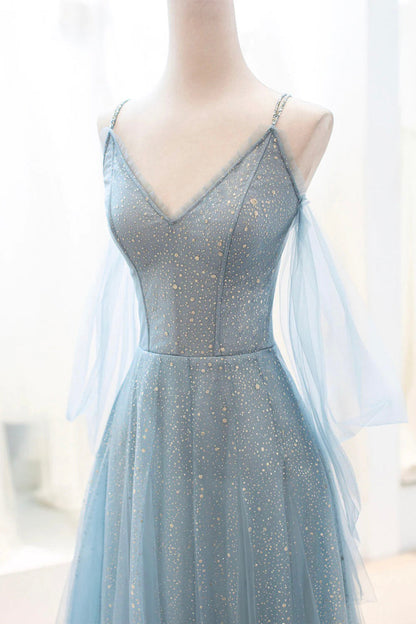 Kathryn | Staubblaues, glitzerndes, langes Ballkleid aus Tüll, A-Linien-Abendkleid mit Spaghettiträgern