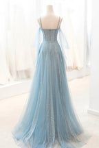 Kathryn | Staubblaues, glitzerndes, langes Ballkleid aus Tüll, A-Linien-Abendkleid mit Spaghettiträgern