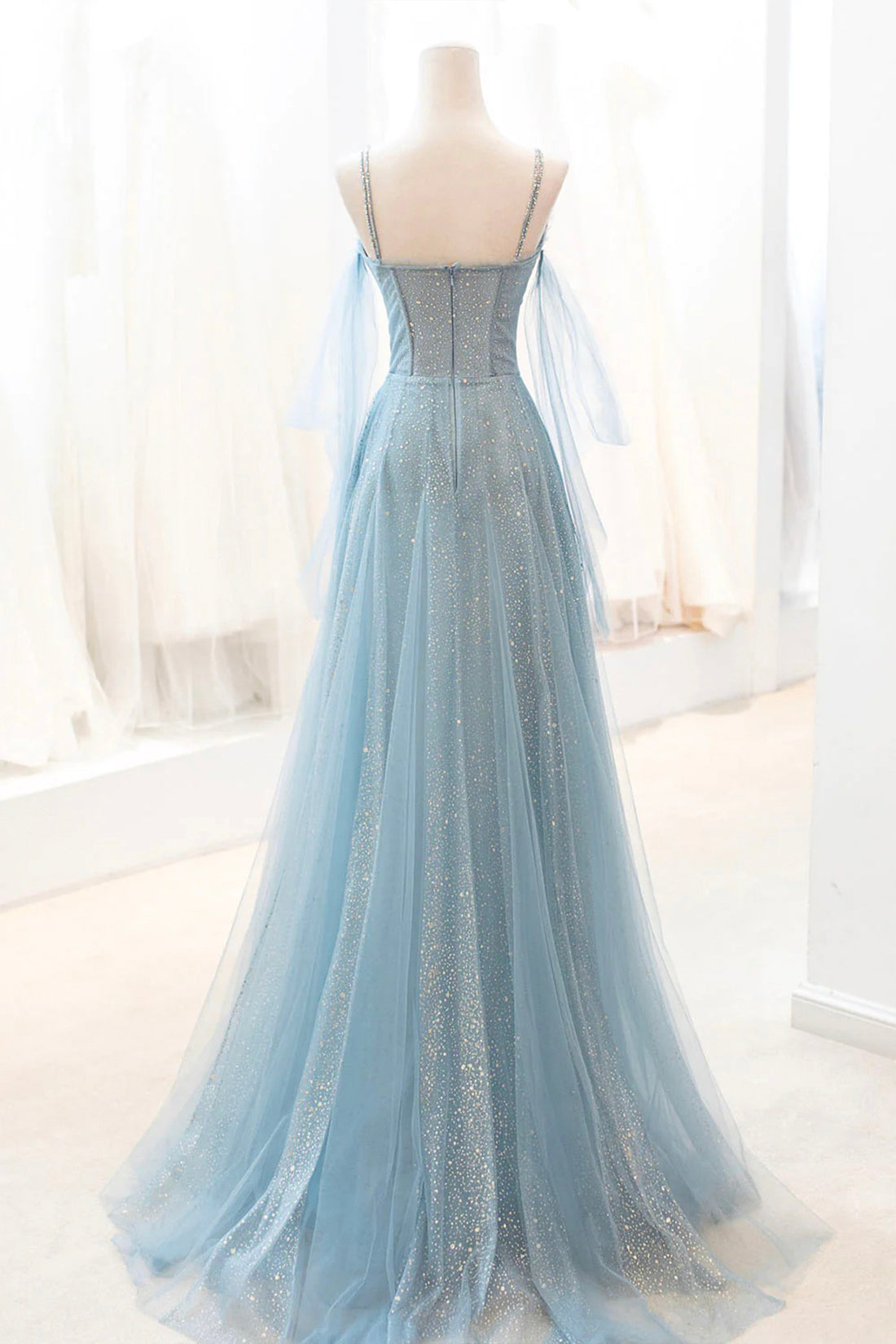 Kathryn | Staubblaues, glitzerndes, langes Ballkleid aus Tüll, A-Linien-Abendkleid mit Spaghettiträgern