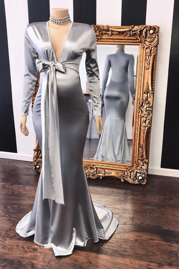 Vneck Long Sleeves Silky Ribbons Floor Length Maternity Dresses