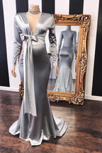 Vneck Long Sleeves Silky Ribbons Floor Length Maternity Dresses